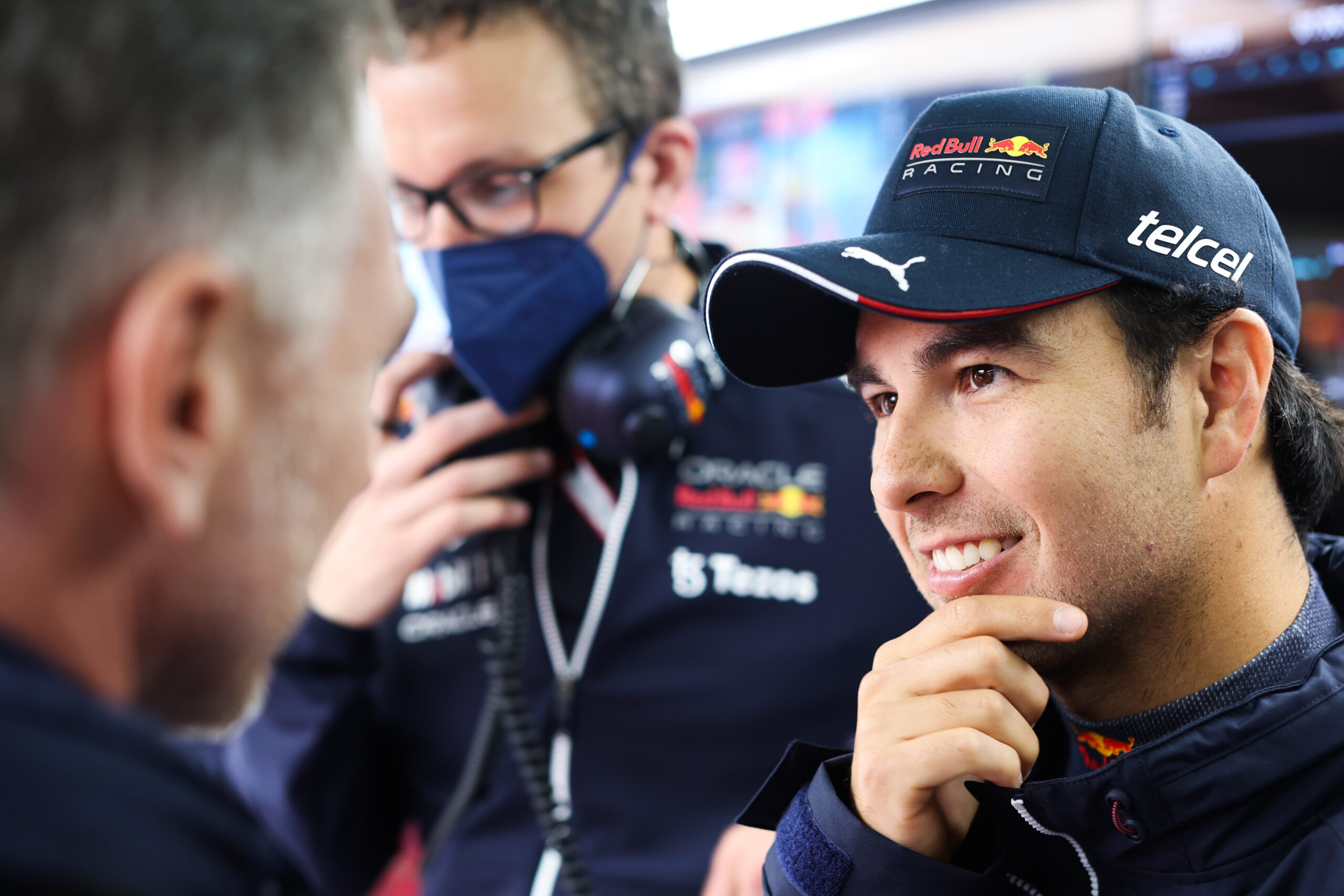 IMOLA, ITALY – APRIL 22: Sergio Perez of Mexico and Oracle Red Bull Racing talks with Red Bull Racing Team Principal Christian Horner in the garage during practice ahead of the F1 Grand Prix of Emilia Romagna at Autodromo Enzo e Dino Ferrari on April 22, 2022 in Imola, Italy. (Photo by Peter Fox/Getty Images) // Getty Images / Red Bull Content Pool // SI202204220229 // Usage for editorial use only //